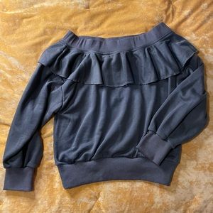 Olive green off the shoulder ruffled detail sweater